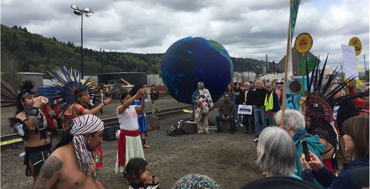 Aztec dancers protest tar sands by rail at Zenith Terminal, Portland, OR on Earth Day 2019