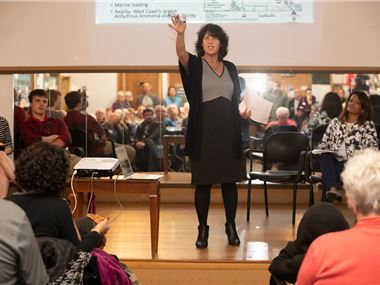 Multnoma County Commissioner Dr. Sharon Meieran speaks at a fossil fuel risk bond forum in 2019