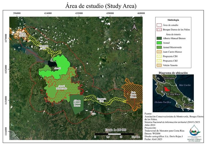 Fig. 1. Area of study showing the current protected areas in the region plus the two biological corridors proposed by Moran et al. 2019. The red line outlines the area designated as our study region.